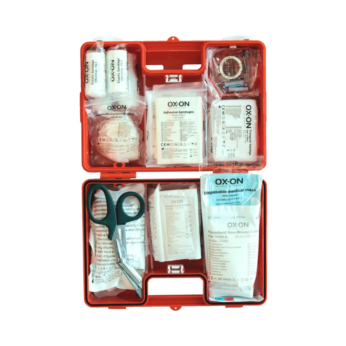 Oppfyller DIN 13157-standard – komplett utstyr for trygg førstehjelp på arbeidsplassen.