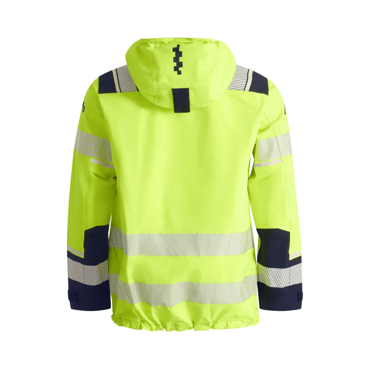 Univern Hi-Vis skalljakke med 3-lags konstruksjon, hjelmkompatibel hette og segmenterte reflekser.