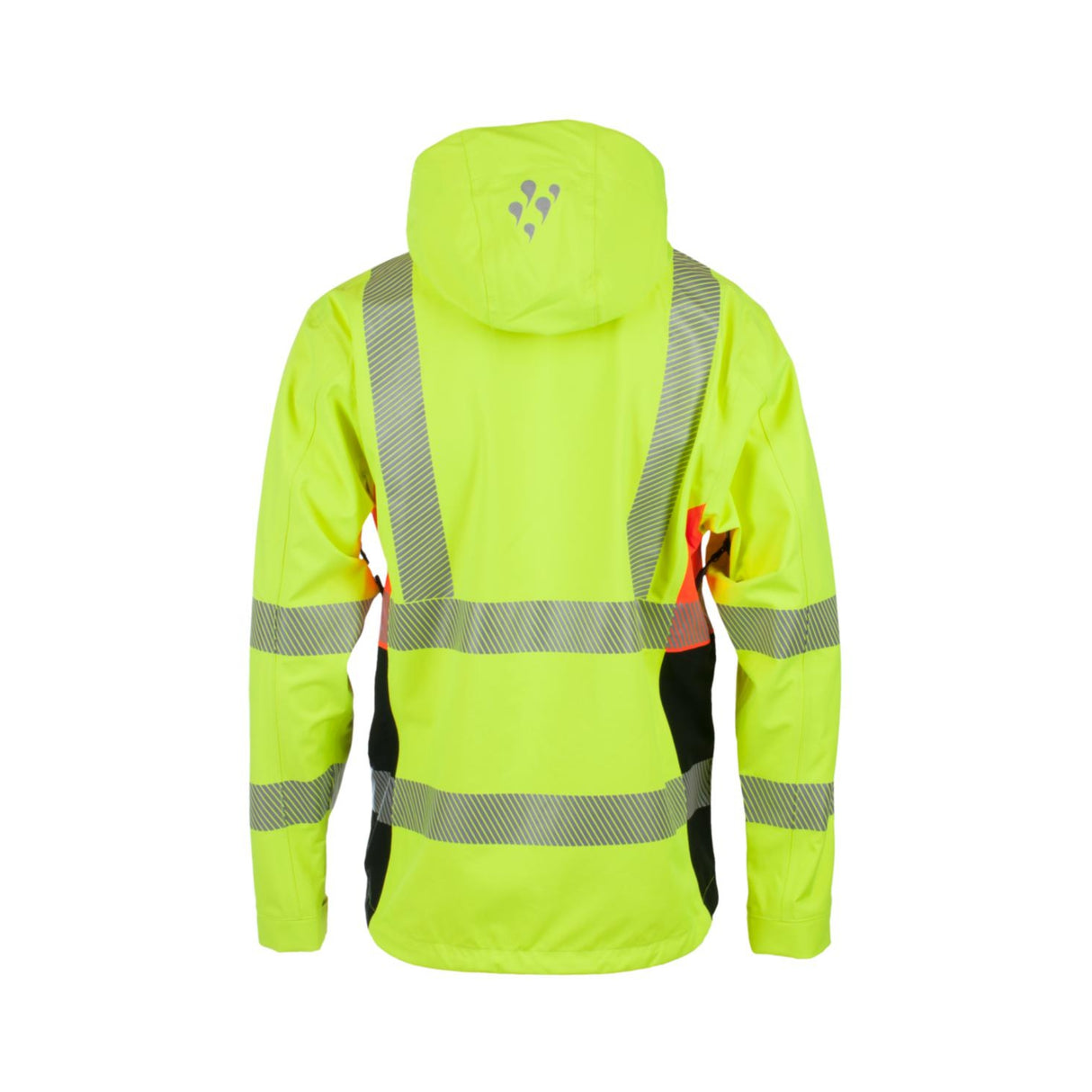 Vind- og vanntett HiVis skalljakke med hjelmtilpasset hette og høy komfort.