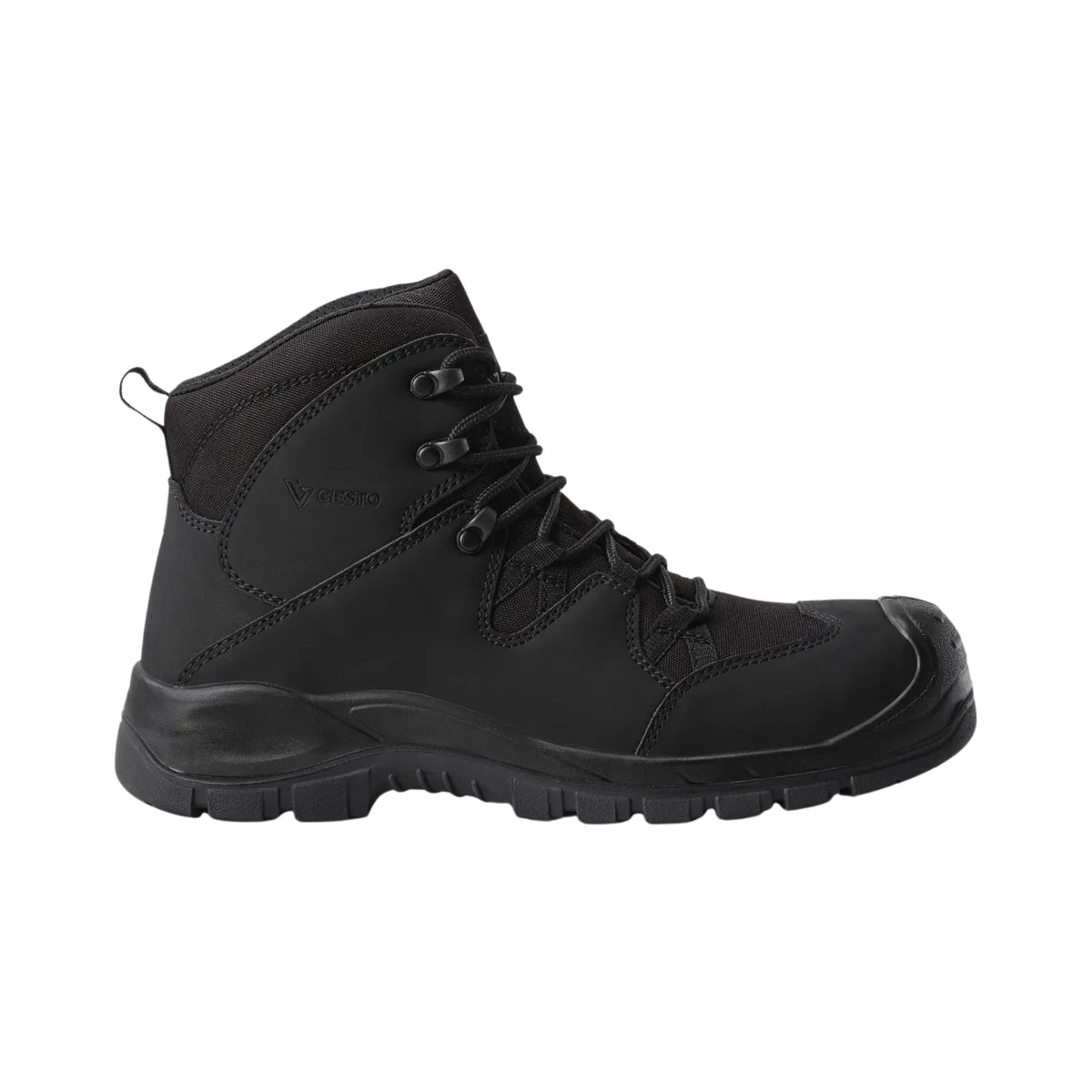Gesto verneskolett i svart skinn og cordura med glassfiber tåvern, kompositt spikertrampsåle og bred lest.