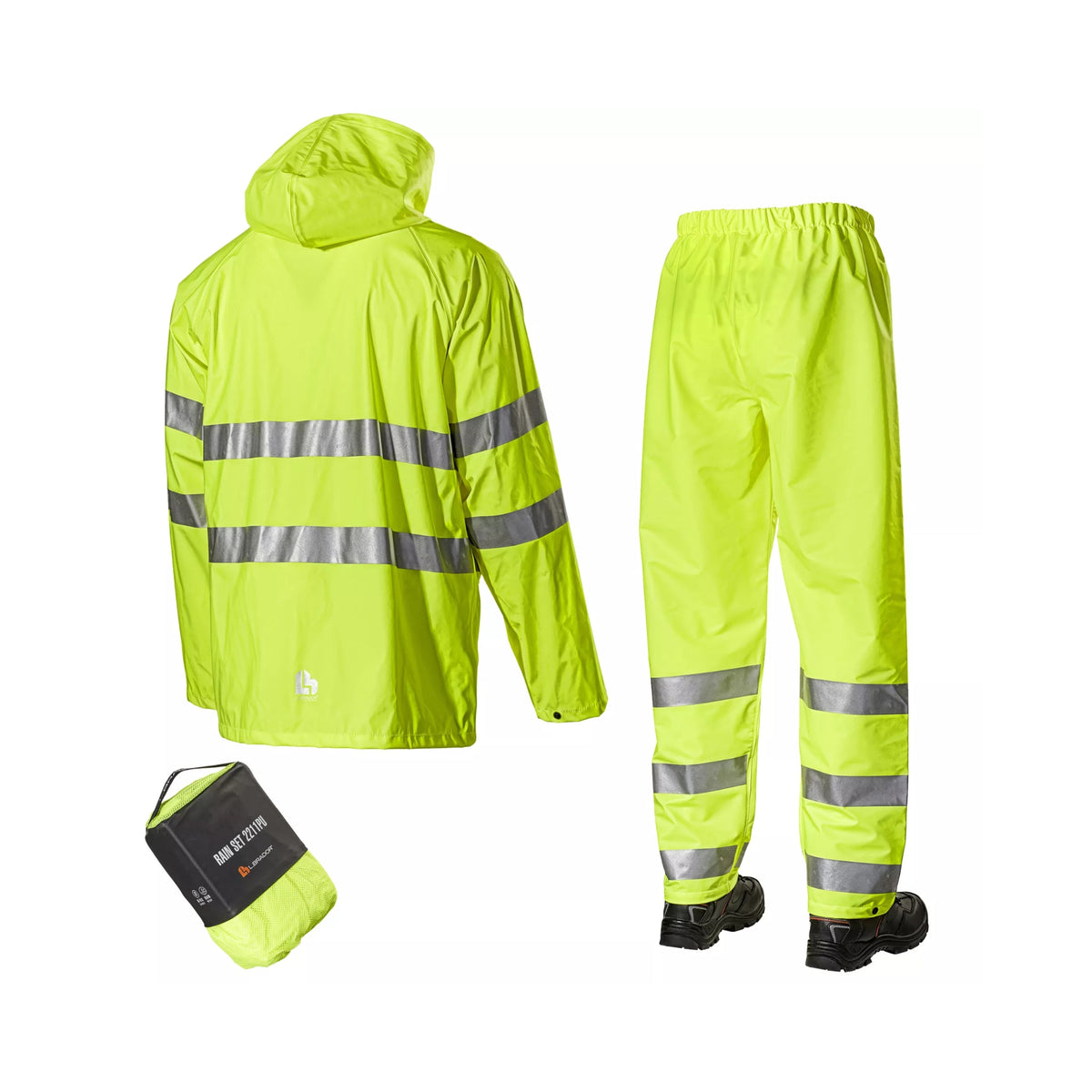L.Brador Hi-Vis regnsett til arbeid med behagelig stretch og EN ISO 20471 klasse 3.