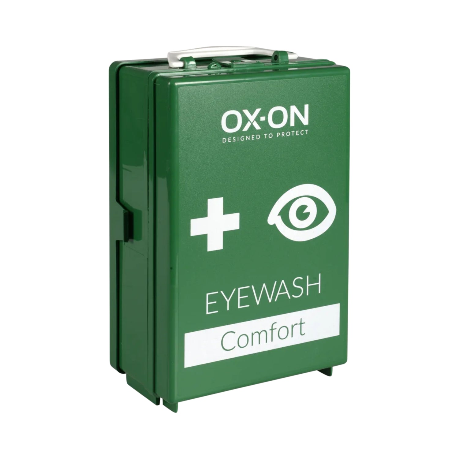 Veggmontert øyeskyll med ergonomisk øyekopp og 0,9 % steril natriumklorid.