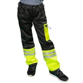 Slitesterk arbeidsbukse til barn med refleks og glidelåslomme.