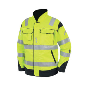 Arbeidsjakke med forlenget rygg, ståeende krage, og praktiske lommeløsninger for god beskyttelse.