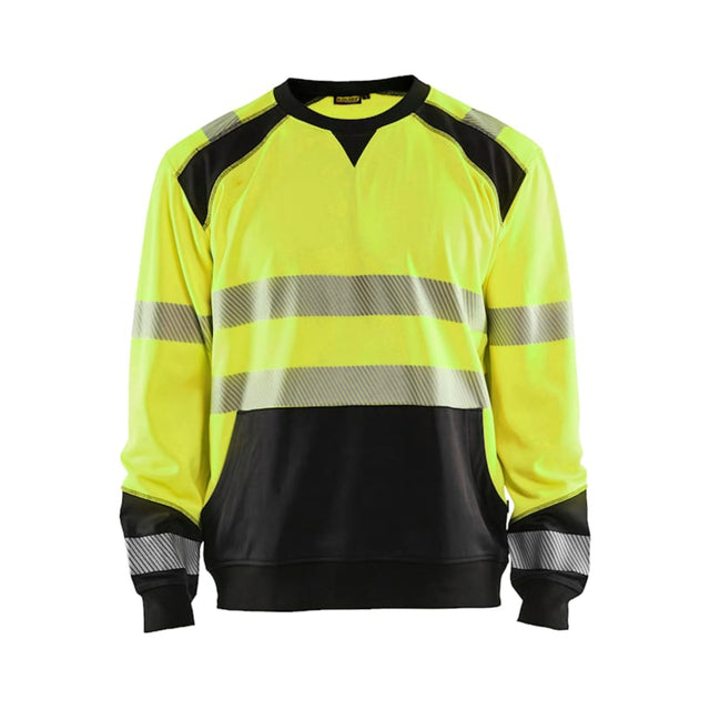 Blåkläder Hi-Vis collegegenser klasse 2 med brede reflekser, kengurulomme og myk børstet innside.