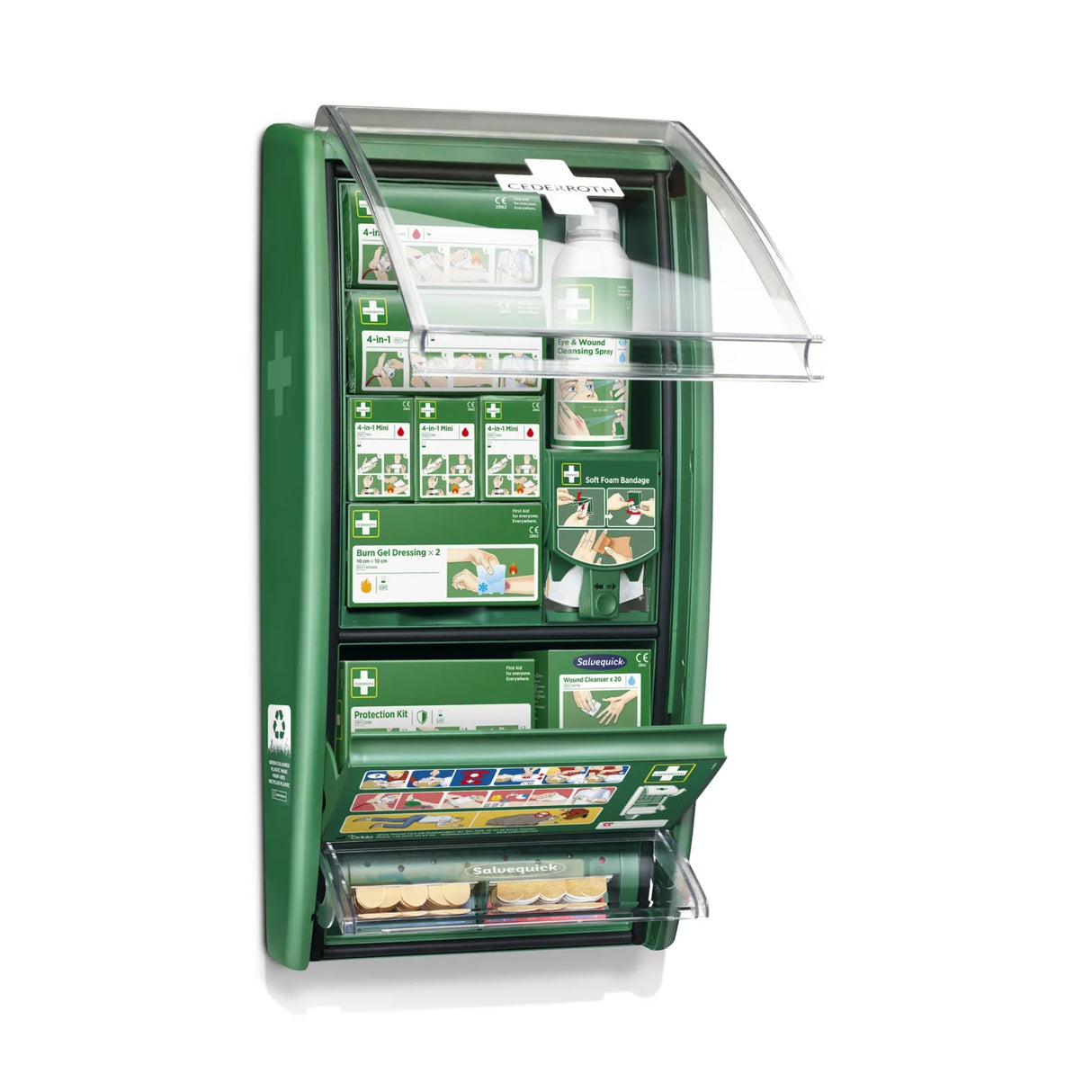 Førstehjelpsstasjon fra Cederroth med Soft Foam Dispenser og plasterautomat for enkel bruk.