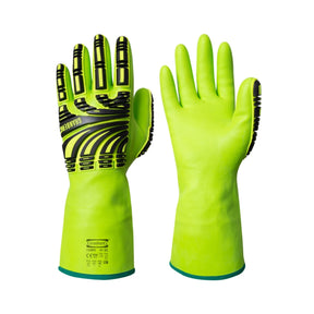 Kjemikalieresistent impact-hanske med nitrilbelegg, Typhoon® fôr og høy synlighet – optimal beskyttelse mot kutt, kjemikalier og slag.