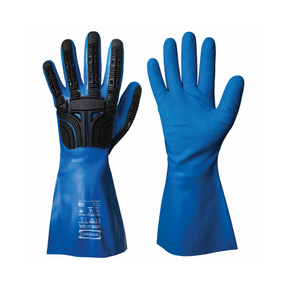 Kjemikalieresistent impact-hanske med kraftig støtbeskyttelse og nitrilgrep for optimal sikkerhet i krevende miljøer.