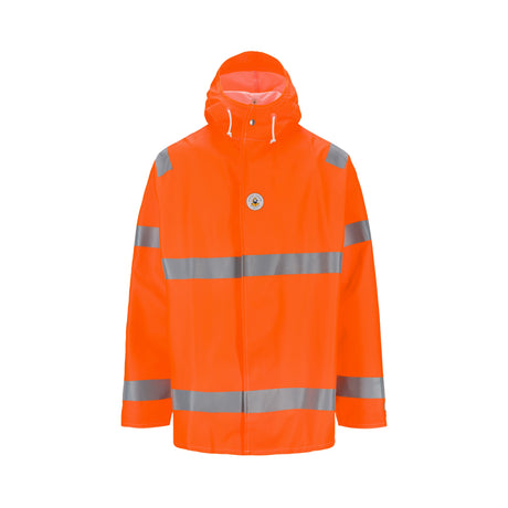 Regnjakke fra Aalesund Oljeklede i synlighet klasse 3 – slitesterk, vanntett og trygg for arbeid i vei og anlegg.