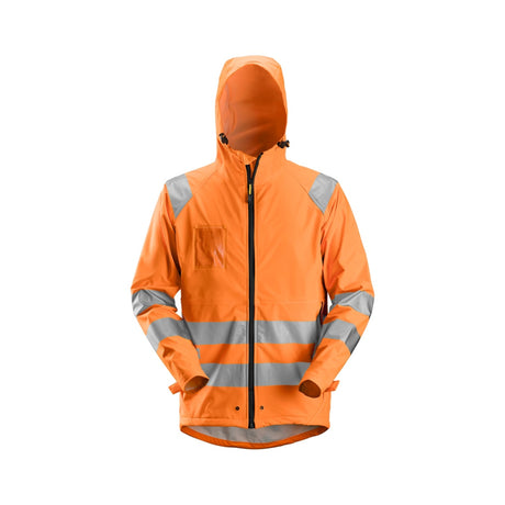 Snickers Workwear regnjakke med høy synlighet klasse 3 og 100 % vanntett beskyttelse.