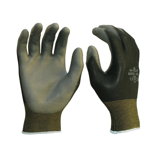 Monteringshanske fra Showa med ultralett, fleksibelt design og PU-belegg som tåler olje og slitasje, perfekt for arbeid som krever høy presisjon og fingerfølsomhet.