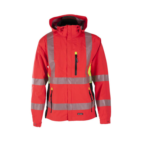 Bekken & Strøm skalljakke klasse 3 – vind- og vanntett Hi-Vis arbeidsjakke med 3M Scotchlite™ refleks, hjelmtilpasset hette og god ventilasjon.