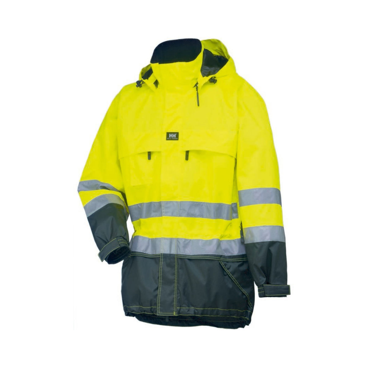 Helly Hansen Hi-Vis skalljakke klasse 3 med tapede sømmer, refleks, ventilasjon og avtakbar hjelmtilpasset hette.