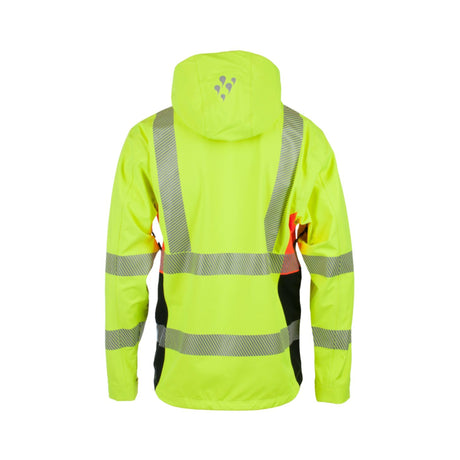 Vind- og vanntett HiVis skalljakke med hjelmtilpasset hette og høy komfort.