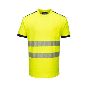 Portwest PW3 Hi-Vis T-skjorte klasse 2 med segmenterte HiVisTex Pro-reflekser, fukttransporterende Cotton Comfort og brystlomme.