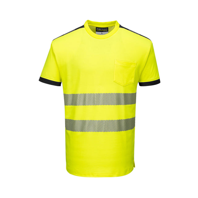 Portwest PW3 Hi-Vis T-skjorte klasse 2 med segmenterte HiVisTex Pro-reflekser, fukttransporterende Cotton Comfort og brystlomme.
