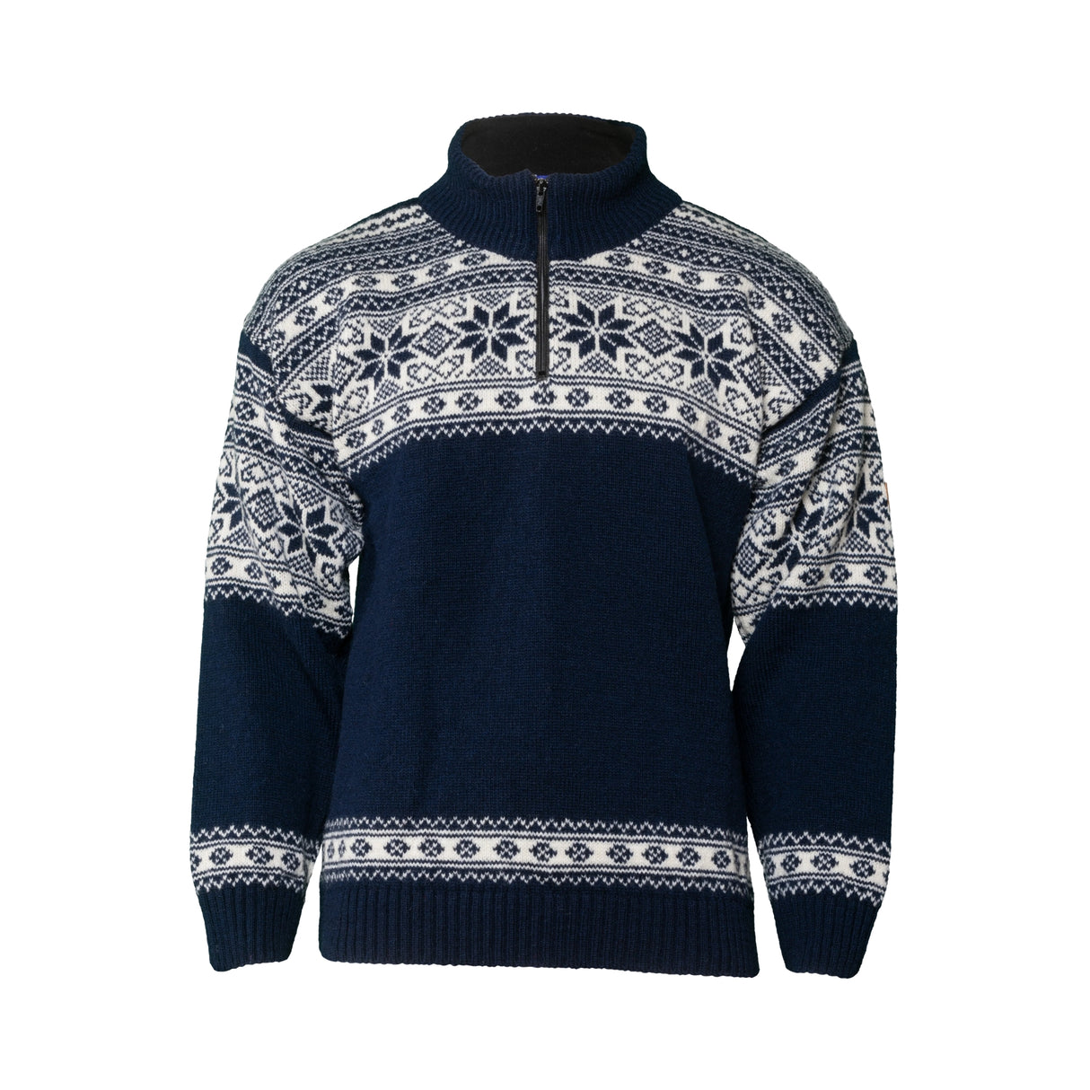 Bråtens Snøstjerne varm unisex ullgenser i 100 % norsk ull med klassisk norsk mønster og praktisk ½ zip.