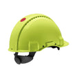 3M HiVis gul ventilert vernehjelm med rattjustering, UV-indikator og EN 397-godkjenning.