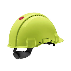 3M HiVis gul ventilert vernehjelm med rattjustering, UV-indikator og EN 397-godkjenning.