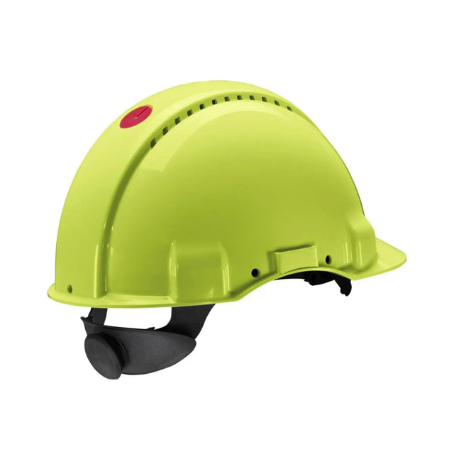 3M HiVis gul ventilert vernehjelm med rattjustering, UV-indikator og EN 397-godkjenning.