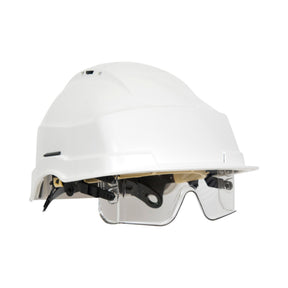 Auboueix Iris ventilert vernehjelm med rattjustering og integrerte vernebriller for hode- og øyebeskyttelse.