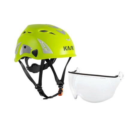 Kask Superplasma AQ vernehjelm med klart EN 166-godkjent visir, 10 ventilasjonsåpninger og justerbar innredning for profesjonelt arbeid.