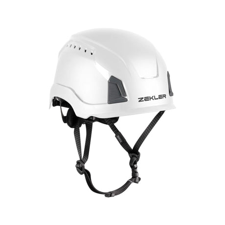 Zekler vernehjelm med 12 ventilasjonshull, integrerte klikkfester for tilbehør og sertifisering etter EN 397 og EN 12492 for bygg, industri og arbeid i høyden.