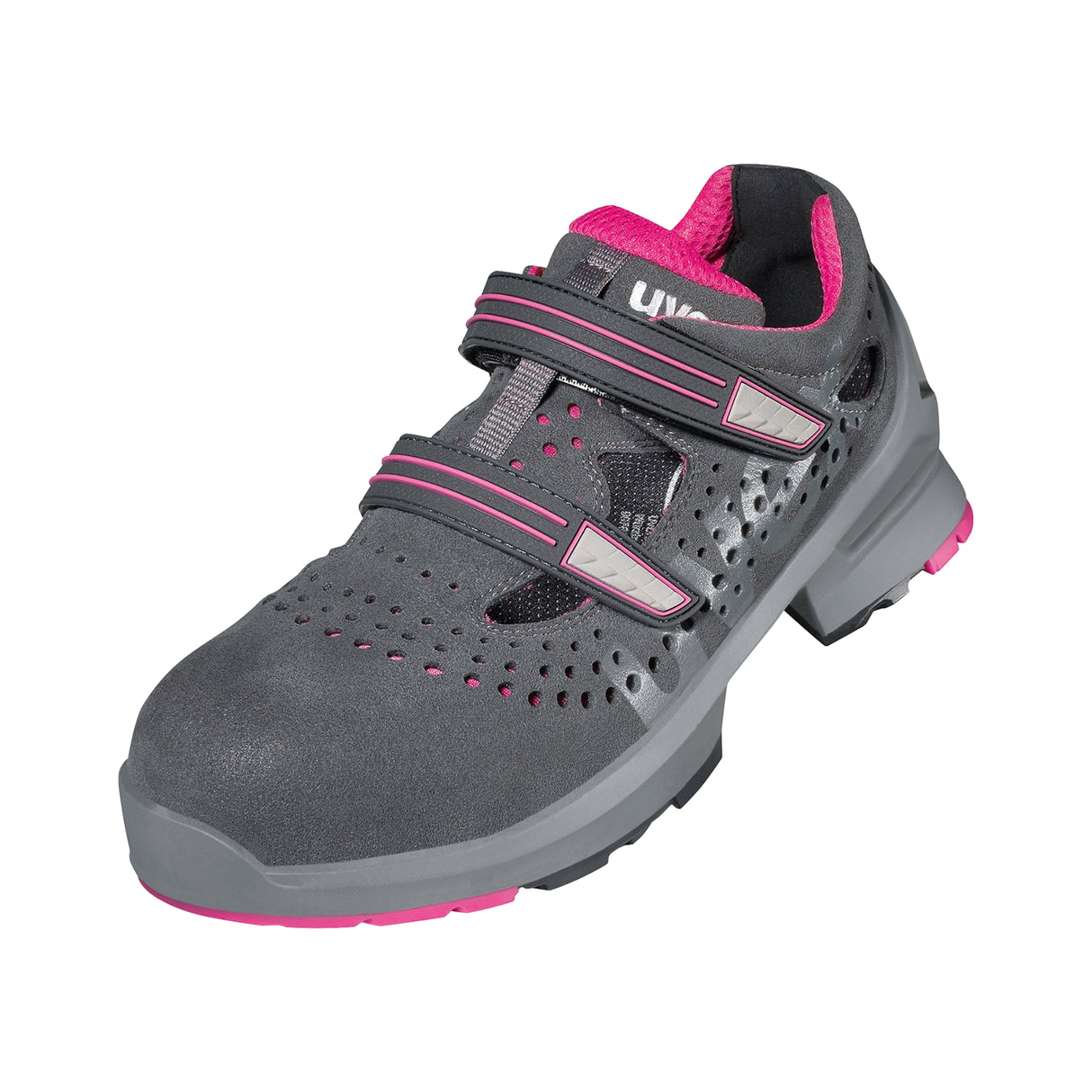 Lett og pustende vernesandal fra Uvex med rosa detaljer – perfekt for kvinner som trenger komfort og beskyttelse på jobb.