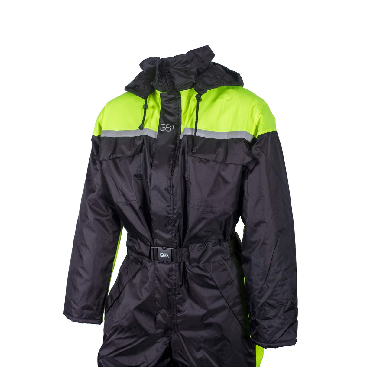 Funksjonell vinterdress med toveis glidelås, stormklaff og praktiske lommer for arbeidsbruk.