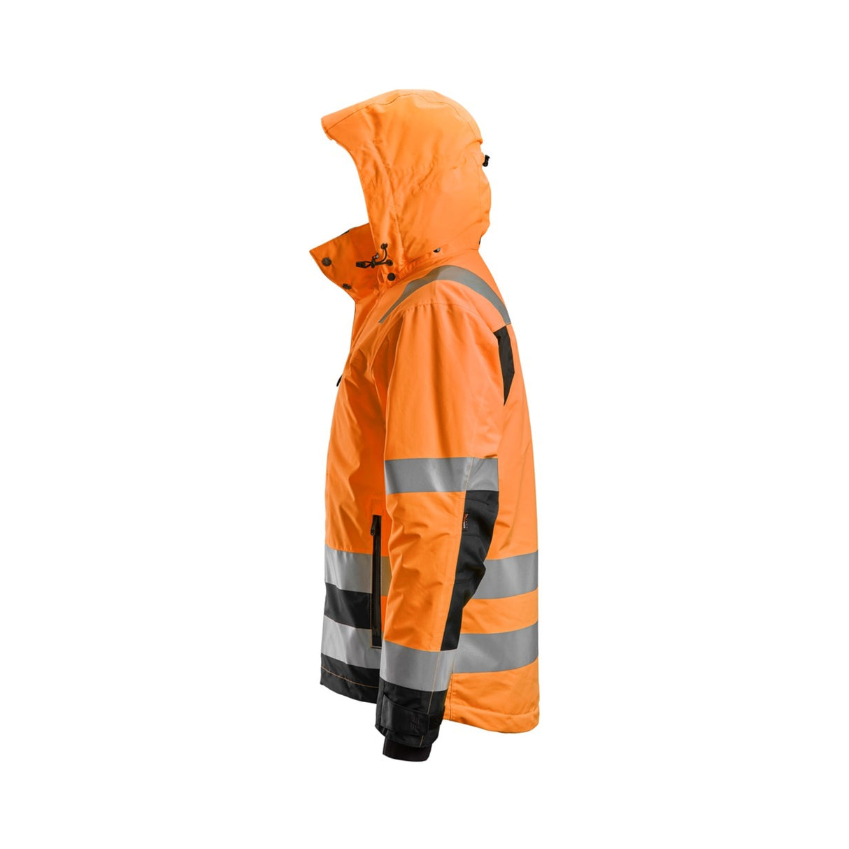Hi-vis vinterjakke med avtakbar hette og praktiske lommer for arbeid.