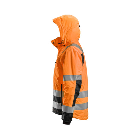 Hi-vis vinterjakke med avtakbar hette og praktiske lommer for arbeid.
